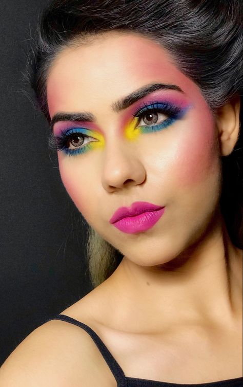 80’s inspired makeup #makeup #makeupartist #maccosmetics #follow #makeupartist_kirti #pinterest #makeuplover 80s Madonna Makeup, Lisa Frank Inspired Makeup, Make Up Anni 80, Modern 80s Makeup, Look Anni 90 Outfits, Anni 80 Aesthetic, 80s Disco Makeup, 80s Hairstyles And Makeup, Simple 80s Makeup