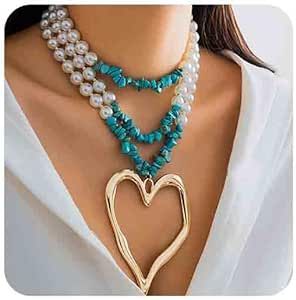 Turquoise Choker, Grunge Jewelry, Pearl Statement Necklace, Heart Shaped Pendant Necklace, Detailed Necklace, Gemstone Necklace Pendant, Pearl Chain, Turquoise Pendant, Heart Pendant Necklace