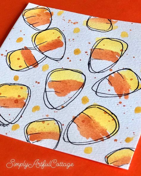 Candy Corn Painting On Canvas, Candy Corn Watercolor, Cute Candy Corn Drawings, Painted Candy Corn, Candy Corn Art Projects For Kids, Candy Corn Illustration, Halloween Water Coloring Ideas, Fall Water Coloring Ideas, Halloween Watercolor Art Easy