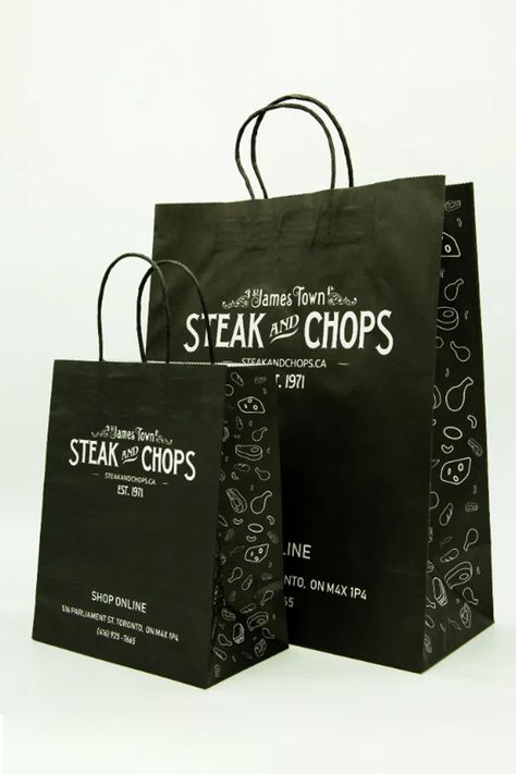 This 120g white Kraft paper bag features full colour print and matching black twisted paper handles. Its design makes really good use of the bag and offers a detailed gusset. Overall, it's a very trendy design for a butcher shop! Restaurant Bags Design, Food Paper Bag Design, James Town, Black Restaurant, Shopping Bag Design, Meat Industry, Paper Grocery Bags, White Restaurant, Paper Bag Design