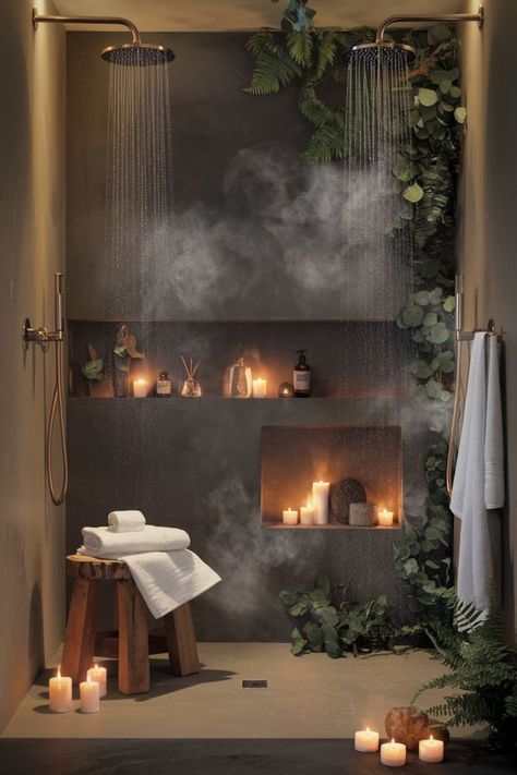 Walk-in shower with marble tiles and rainfall showerhead for a luxe experience. Walk In Rainfall Shower Ideas, Dark Spa Bathroom Ideas, Luxury Shower Tile Ideas, Dark Spa Aesthetic, Two Person Shower Walk In, Spa Shower Ideas Walk In, Spa Room Decor Luxury, Steam Room Design, Spa Shower Ideas