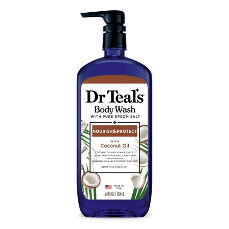 Gently cleanse and luxuriate your skin with Dr Teals Nourish & Protect Body Wash with Coconut Oil. Made with intensely hydrating coconut oil and essential oils, this coconut body wash nourishes your skin with every wash. Our signature Pure Epsom Salt ingredient is perfect for soothing your muscles while you rejuvenate your senses with the sweet, relaxing scent of coconut. You can even mix this body wash with one of your favorite Dr Teals Pure Epsom Salt Soaks to create an exfoliant. Dr Teals body washes are paraben-free, phthalate-free, cruelty-free, and vegan. Size: 24 FL OZ / 710 mL.  Color: Multicolor. Dr Teals Body Wash, Dr Teals, Herbal Essence Shampoo, Coconut Body Wash, Diy Coconut Oil, Coconut Benefits, Pomegranate Oil, Extra Dry Skin, Citrus Essential Oil