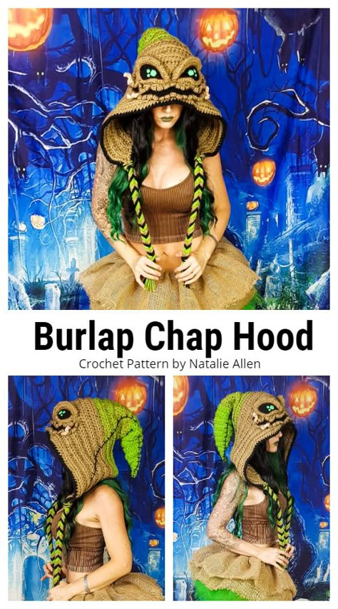 Burlap Chap Hood Hat Crochet Patterns Fun Hat Crochet Pattern, Cute Women's Halloween Costumes, Diy Crochet Halloween Costume, Crochet Oogie Boogie Sweater Pattern, Crochet Boogieman, Oogie Boogie Crochet Hat, Crochet Fae Elf Hood Free Pattern, Oogie Boogie Hat Crochet Pattern Free, Crochet Projects Beanie