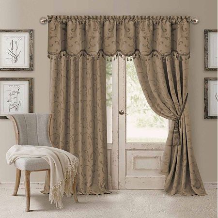 Elrene Mia Jacquard Blackout Back-Tab Curtain Panel Beaded Valance, Window Coverings Blackout, Tab Curtains, Scroll Pattern, Thermal Curtains, Tuscan Style, Window Valance, Room Darkening Curtains, Colorful Curtains