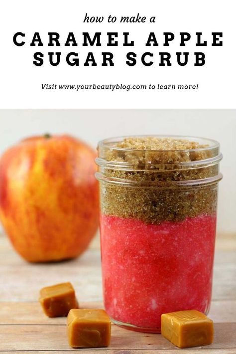 How to make a caramel apple sugar scrub recipe. This easy hand made scrub is for exfoliating the body, for hands, for legs, and for feet. This fall scrub looks cute in jars for packaging. It makes a great gift idea for Christmas, too. This simple DIY scrub uses brown sugar and white sugar. #sugarscrub #diy #diybeauty Easy Diy Scrub, Scrub Recipe Diy, Diy Body Scrub Recipes, Diy Sugar Scrub Recipe, Săpunuri Handmade, Body Scrub Recipe, Sugar Scrub Homemade, Homemade Scrub, Diy Rose