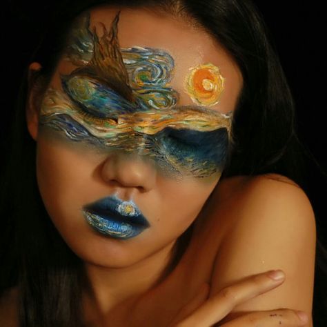 Starry Night Vincent van Gogh inspired Van Gogh Starry Night Makeup, Van Gogh And Starry Night Costume, Van Gogh Inspired Makeup, Starry Night Halloween Costume, Starry Night Face Paint, Starry Night Makeup Look, Starry Night Costume, Face Art Makeup Paint Ideas, Van Gogh Costume