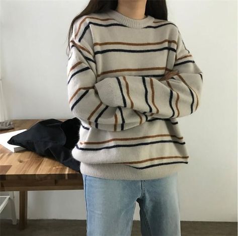 e6d8545daa42d5ced125a4bf747b3688desc52316787ri Fall Knit Sweater, Egirl Outfits, Striped Pullover, Sweater Oversize, Winter Pullover, Girls Stripes, Trendy Outfit, Indie Outfits, Loose Sweater