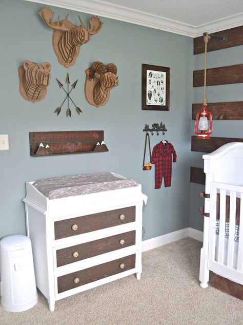 Wall Color - Valspar; Beguile 5002-2A  projectnursery.com Boys Room Wall Color, Rustic Nursery Room Ideas, Rustic Baby Boy Nursery, Rustic Boy Nursery, Brown Crib, Remodel Hacks, Nursery Ideas Boy, Boy Nursery Colors, Nursery Paint Colors