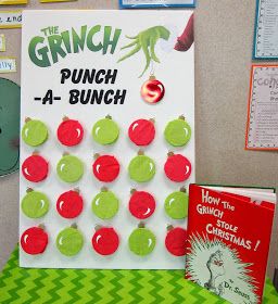 Grinch Punch-A-Bunch Game Board Inspiration                                                                                                                                                     More Grinch Party Menu Ideas, Poke A Present Game, Christmas Punch Board, Christmas Punch Board Game, Punch Cups Game, Christmas Punch Game, Punch Cup Game, Grinch Photo Booth, Grinchmas Party Ideas