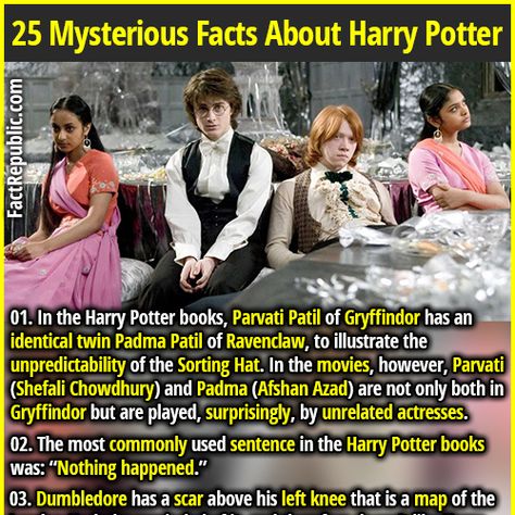 01. Scenes of the elves Dobby & Winky were cut from the Goblet of Fire due to time constraints. However, if you watch carefully in the first campsite scene, right after Ginny points to something and says "Look!" you can see 2 House Elves riding on llamas. They go by very fast, so they're hard to see. Shefali Chowdhury, Facts About Harry Potter, Mr Weasley, Afshan Azad, Harry Potter Fun Facts, Padma Patil, Parvati Patil, Mysterious Facts, Sign Dress