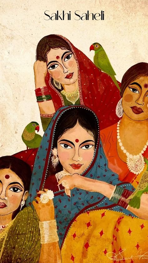 | The Mother-Daughter Legacy | This painting captures the essence of a mother-daughter bond, with grandmother's portrait on the wall. It… | Instagram Indian Sketch Art, Themes In Art, Desi Event Aesthetic, Traditional Indian Women Painting, Madhubani Women, Mother Love Painting, Indian Aesthetic Art, Fashion Wall Painting, Aesthic Paintings