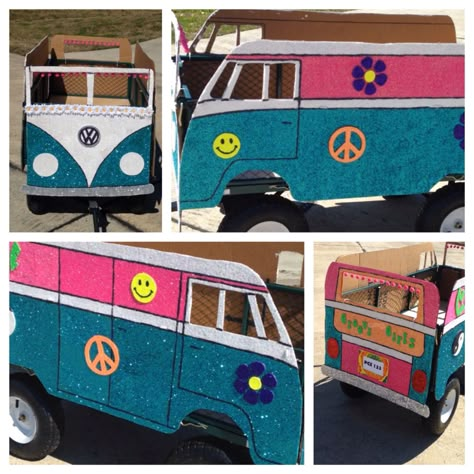 Daughter's float for school Kiddie Parade Float Ideas, Vw Bus Parade Float, Travel Theme Parade Float, 70s Float Ideas, 70s Parade Float, 70s Float Parade, Wagon Parade Float Ideas, 70s Parade Float Ideas, Wagon Parade Float Ideas Kids