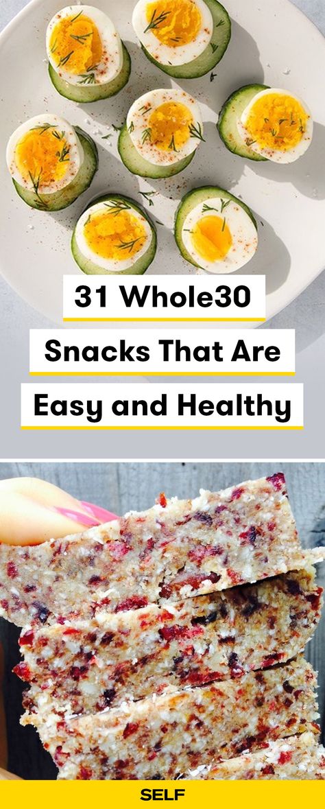 These 31 Whole30 snacks range from ideas you can make in bulk during Sunday meal prep (so you can eat them whenever) to recipes that need to be made fresh, but don't take longer than 10 minutes to throw together. Spiced nuts, grainless granola, and crispy green beans are some of the ones you can stock away for a rainy day, while deviled eggs and turkey-wrapped peaches will be ready in a pinch and make great appetizers to boot. #whole30 Whole 30 Easy Snacks, Snacks For Whole 30, Whole 30 Lunchables, Meal Prep For The Week Whole 30, Lazy Whole 30 Recipes, While 30 Snacks Easy, Whole30 Snacks Easy, Healthy Whole 30 Snacks, Whole 30 Nuts Allowed