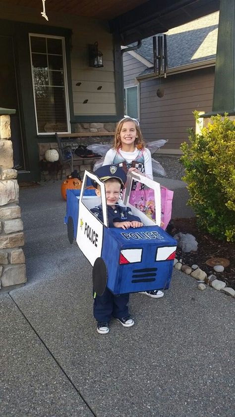 Cardboard Police Car Diy, Police Car Costume Cardboard Boxes, Golf Cart Decorating Ideas Police Car, Police Car Costume Diy, Diy Police Car Cardboard Boxes, Diy Police Costume Kids, Police Car Costume, Police Crafts, Car Costume