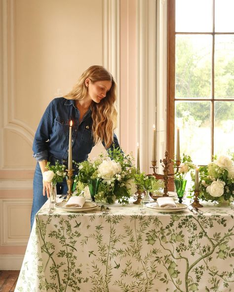 Photoshoot day at @grovehouseweddings creating tablescapes for two new colourways of our @zardi_and_zardi for Maison Fête Chinoiserie tablecloths 🌿I love this gradient green and white print. Can you guess what the other colour is? Coming soon! #tablescape #tabledecor #tablestyling #antiquestyle #antiques #artdelatable #chinoiserie #maisonfete Toile Tablescape, Green Tablescape, Chinoiserie Wedding, Green Chinoiserie, Instagram Photoshoot, Green Baby Shower, Celadon Green, Traditional Table, Floral Tablecloth