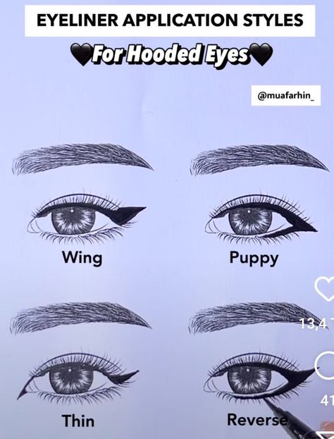 Puppy Eyeliner Hooded Eyes, Dog Eyeliner, Puppy Eyeliner, Eye Makeup Guide, Eyeliner Application, Eyeliner For Hooded Eyes, How To Do Eyeliner, Under Eye Makeup, Round Face Makeup