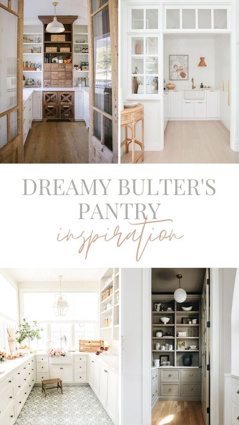 Butler’s Pantry Inspiration Round Up - Farmhouse Living Butler Pantry With Ladder, Farmhouse Pantry Lighting, Eat In Pantry, Butler Pantry Floating Shelves, Butler Pantry Off Kitchen, Large Farmhouse Pantry, Butter Pantry Ideas, Combined Butlers Pantry Laundry, Butler Pantry Entrance