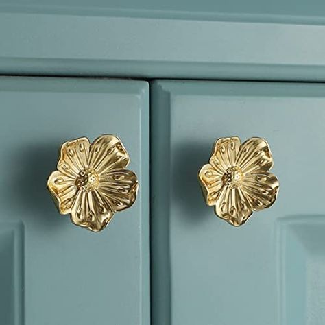 White Closet Doors With Gold Handles, Flower Drawer Pulls, Anthropologie Home Cabinet Hardware, Cute Cabinet Knobs, Decorative Cabinet Hardware, Brass Drawer Knobs, Gold Hardware Bedroom, Gold Drawer Handles, Unique Hardware For Cabinets