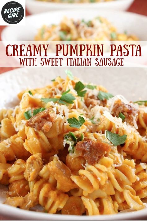 Pumpkin Pasta With Sausage, Sausage Pumpkin Pasta, Fall Pasta Sauce, Pasta Italian Sausage, Pumpkin Sausage Pasta, Sweet Italian Sausage Recipes, Fresh Dinner Ideas, Sausage Pasta Sauce, Creamy Pumpkin Pasta