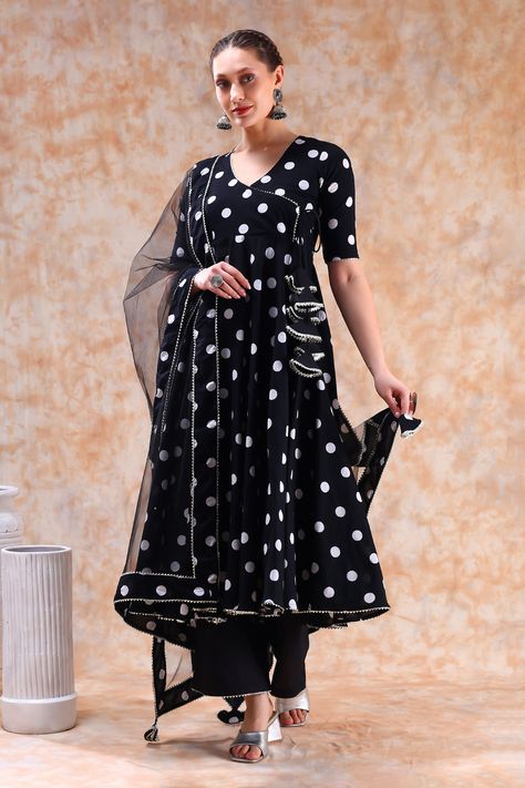 Buy Black Angrakha Anarkali And Pant Cotton Printed Polka Dot V Neck Set For Women by POMCHA JAIPUR Online at Aza Fashions. Black Angrakha, Angrakha Anarkali, Pants Pattern, Cut Work, Modern Bride, Polka Dot Print, Dot Print, Set For Women, Anarkali