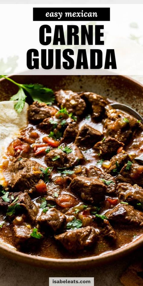 Carne Guisada is a Mexican beef stew featuring tender beef smothered in a luscious tomato-based gravy. An easy, hearty, and comforting meal! Carne Asada Soup, Slow Cooker Carne Guisada, Mexican Beef Recipes, Spanish Beef Stew, Carne Guisada Recipe, Guisada Recipe, Mexican Beef Stew, Isabel Eats, Mexican Stew