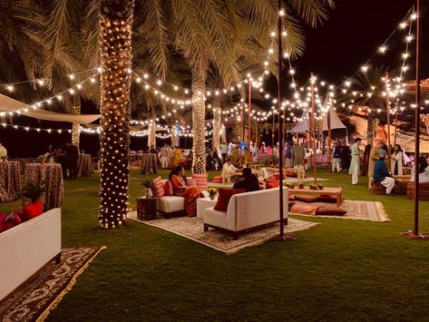 This Wedding Had The Most Amazing Outdoor Seating Ideas! | WedMeGood Night Reception Decoration Indian, Simple Indian Wedding Decor, Sangeeth Decors Outdoor Night, Outdoor Sangeet Decor Night, Sangeet Decoration Night Outdoor, Outdoor Wedding Decorations Indian, Sangeet Night Decor, Sangeet Setup, Sangeet Theme