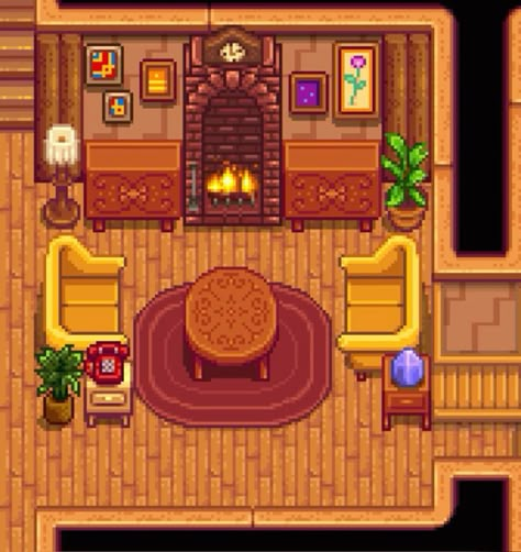 Stardew Living Room Design, Stardew Valley House Interior Living Room, Sdv Room Ideas, House Stardew Valley Ideas, Stardew Valley Spouse Rooms, Stardew Design Ideas, House Layout Stardew Valley, Stardew Living Room Ideas, Stardew Valley Living Room Ideas