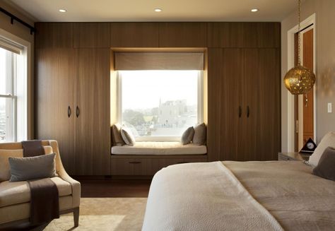 Pacific Heights Penthouse by De Meza + Architecture | HomeDSGN. I would love this idea in my bedroom, especially the window seat. Penthouse Modern, Garderobe Design, Design Interior Modern, Window Seat Design, Bedroom Wardrobe Design, Bedroom With Sitting Area, تصميم للمنزل العصري, Build A Closet, Bedroom Closet Design