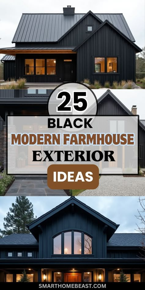 An image showcasing diverse black modern farmhouse exterior inspiration, highlighting elegant design elements like rustic patios, sleek porches, inviting entryways, and beautifully landscaped outdoor areas. Each design combines cozy farmhouse charm with modern sophistication for striking curb appeal. All Black House Exterior Farmhouse, Front Door On Black House, Dark Ranch Style Homes Exterior, Black Metal Barndominium Exterior, Metal Accents On Exterior, Black House Exterior Lighting, Black Painted Exterior Brick, White And Black Board And Batten Exterior, Modern Farmhouse Exterior Makeover