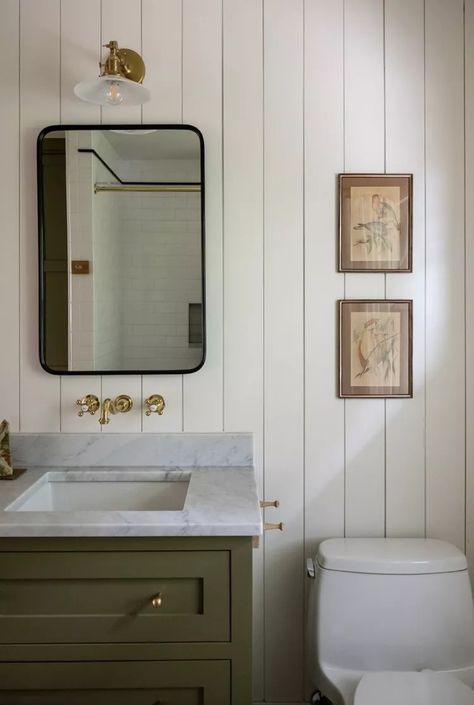 39 Shiplap Bathroom Ideas, From Farmhouse to Modern Cream Shiplap Bathroom, Vertical Wood Paneling Bathroom, Vanity And Toilet On Same Wall, Powder Room Wood Accent Wall, Sage Green Shiplap Bathroom, Vertical Shiplap Bathroom Accent Wall, Bathroom Ideas Board And Batten, Shiplap Behind Vanity, Powder Bath Inspiration