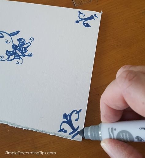 How I Made Faux Delft Tiles Antique Delft Tiles, Diy Delft Tile, Blue And White Kitchen Floor, Delft Tile Fireplace, Kaghaz Divari, Study Fireplace, Blue Tile Kitchen, Colonial Lounge, Diy Tiles