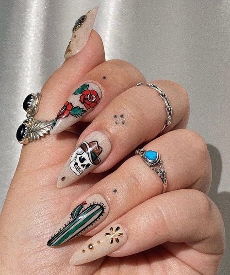 25  Country & Western Nails For Your Inner Cowgirl [2024] Western Acrylic Nail Ideas, Cowboy Nails Design Cowgirl, Nashville Nails Ideas Country, Space Cowboy Nails, Cowboy Christmas Nails, Western Nails Ideas, Nfr Nails Designs, Western Wedding Nails, Country Christmas Nails