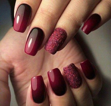 Maroon Nail Designs, Burgundy Nail Designs, Ombre Nail Art Designs, Maroon Nails, Ombre Nails Glitter, Nail Art Ombre, Burgundy Nails, Black Nail, Nagel Inspo