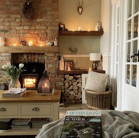 Cosy Log Burner Lounge, Log Burner Cottage, Log Storage Living Room, Cottage Core Livingroom, Front Room Ideas Cosy, Country Conservatory, Cottage Conversion, Cosy Cottage Living Room, Countryside Interior