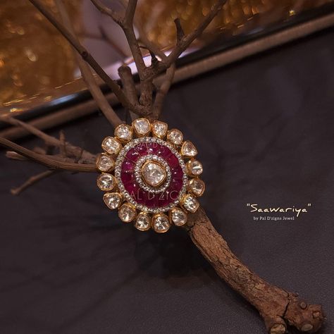 Absolutely Real looking Polki jewellery for wedding functions. Making: Ring is Uniquely Handcrafted by our Skilled Master Goldsmith Craftsman with detailed finishing like real jewellery. Stones: Moissanite Diamond Polkis with excellent lustre & shine. It has Silver Daak at the backside and are set in open setting. Colour Stone: Ruby looking Semi Pecious Stone. Diamond looking stones: Swarovski. Metal: 92.5 Silver (Hallmarked). Finish: 18k Gold Rhodium with 1.0micron gold. Polki Rings, Jewellery For Wedding, Mughal Jewelry, Traditional Wedding Jewellery, Coral Jewelry Set, Gold Jewelry Outfits, Antique Bridal Jewelry, Colour Stone, Indian Jewellery Design Earrings