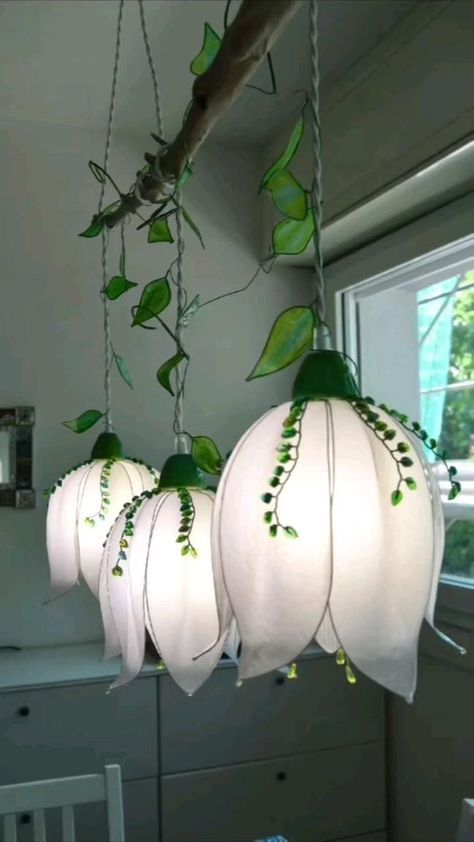 Lily of the valley, handmade lamp. Giant Flowers Diy, Fairy Room, Diy Ceiling, Flower Lamp, Fairy Crafts, Fairy Lamp, Diy Lamp Shade, Giant Flowers, Handmade Lamps