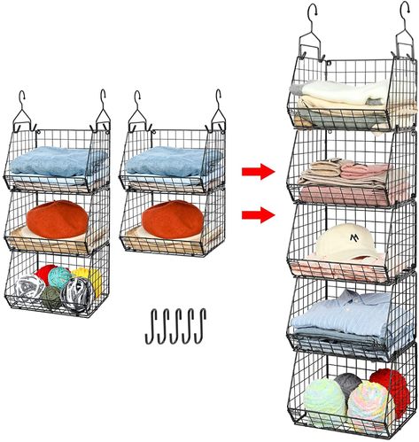 Hanging Storage Closet, Closet Hanging Baskets, Hanging Shelves Closet, Diy Hanging Closet Organizer, Sweater Storage In Closet, Wire Rack Closet Organization, Closet Hanging Ideas, Hanging Organizer Ideas, Hanging Closet Organizer Ideas