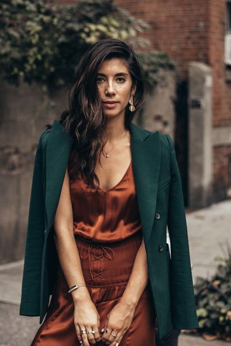 friday favorites: date night gem tones Teal Monochrome Outfit, Jewel Tone Suit Women, Quirky Elegant Fashion, Emerald Green And Brown Outfit, Jewel Tone Casual Outfits, True Autumn Greens, Dark Autumn Work Outfits, Emerald Blazer Outfit, Jewel Tone Style