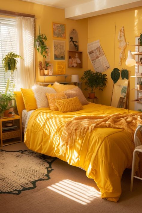 yellow dorm room decor Yellow Dorm Room Ideas, Yellow Dorm Room, Yellow Bedroom Walls, Yellow Room Decor, Room Ideas Bohemian, Brown Rooms, Yellow Room, Yellow Interior, Pink Bedrooms