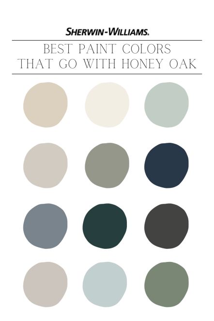 Best-SHERWIN-WILLIAMS-colors-that-go-with-honey-oak-trim Color Palette For Oak Cabinets, Kitchen Island Colors With Honey Oak Cabinets, Paint Colors To Pair With Honey Oak, Paint Colors That Go With Wood Trim Living Rooms, Colors For Honey Oak Floors, Colors That Compliment Honey Oak, Colors That Go Well With Honey Oak, Color Palette With Oak Wood, Color Pallet For Honey Oak