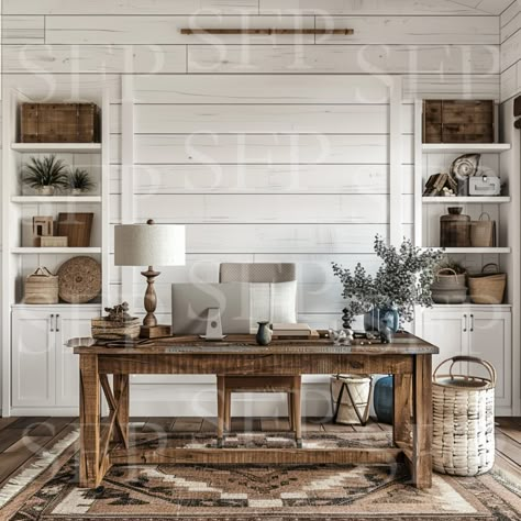 Modern Farmhouse Office Built Ins, Rustic Home Office Design, Home Office With Desk In Center Of Room, Home Office Design Cozy, Rustic Modern Office, Office Modern Farmhouse, Country Office Ideas, Modern Farmhouse Office Ideas, Shiplap Office