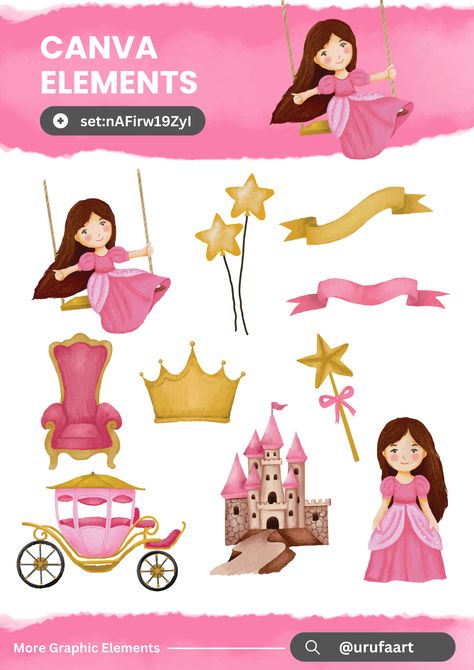 10 Premium Beautiful Little Pink Princess Watercolor Collection clipart elements, hand-painted in watercolors. The graphics are hi-res and perfect for both digital and print use. Use for Summer party invitations, decorations, digital scrapbooking, wall art, greeting cards, gift tags, party supplies, and more. Find these Elements in Canva (Write without quotation marks) " set:nAFirw19ZyI " And find other graphic elements on @urufaart only on Canva! Canva Pink Elements, Elements In Canva, Princess Watercolor, Digital Graphics Art, Spiderman Coloring, Mario Coloring Pages, Graphic Shapes Design, Keyword Elements Canva, Summer Party Invitations