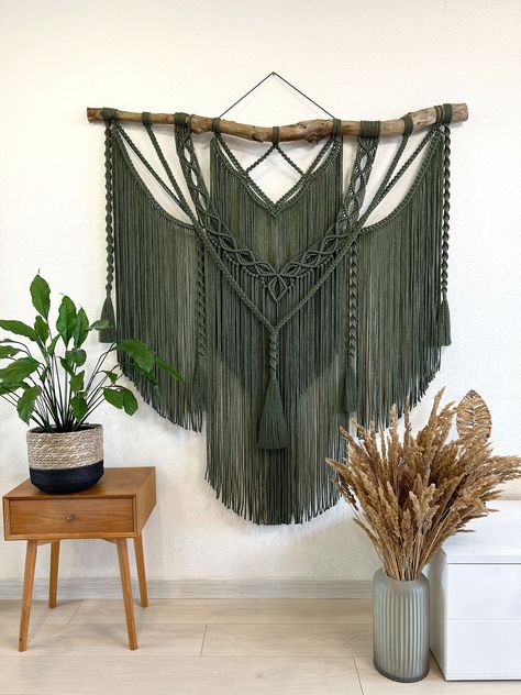 Extra large khaki macrame wall hanging decor can be an unique addition to any room in your house, or a great gift. The wall hanging will make your bedroom, living room or nursery cozy and homely This macrame backdrop will also be perfect for a wedding arch or boho wedding photo zone The item is made of twisted cotton cord (diameter of 5 mm) Natural material Before making this macrame I'll send you pictures of pieces of wood for choosing Size 58x61 inches (148x155 cm)  Custom orders are welcome I Macrame Wall Hanging For Bedroom, Giant Macrame Wall Hanging, Diy Large Macrame Wall Hanging Tutorial, Big Wall Decor Ideas Bedroom, Macrame Patterns Tutorials Wall Hangings, Unique Macrame Ideas, Big Macrame Wall Hanging, Macrame Wall Hanging Pattern Free, Bedroom Macrame Wall Hanging