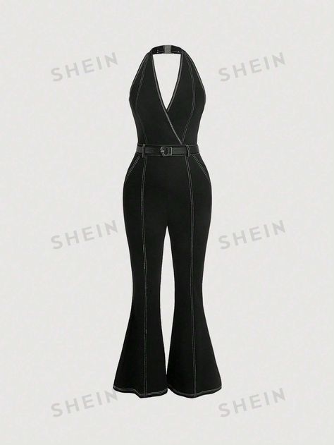 SHEIN MOD Top-stitching Halter Neck Belted Flare Leg Jumpsuit | SHEIN USA Flare Leg Jumpsuit, Top Stitching, Halter Neck, Jumpsuits For Women, Cute Outfits, Stitching, Jumpsuit, Free Shipping, Cross Stitching