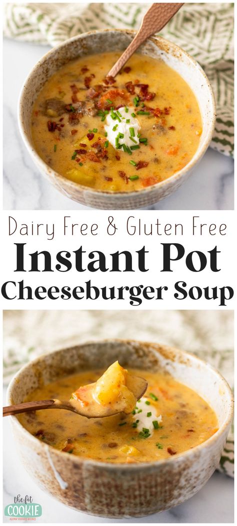 This comforting and hearty cheeseburger soup is made in the Instant Pot and is completely dairy free and gluten free. This is great as a stand-alone meal or alongside cornbread or roasted root vegetables. | thefitcookie.com Cheeseburger Soup Dairy Free, Hearty Instant Pot Recipes, Fall Soup Recipes Gluten Free Dairy Free, Gluten Free Cheeseburger Soup, Instant Pot Gluten Free Soup, Gluten Free Dairy Free Recipes Dinner Easy Low Carb, Quick Instant Pot Soup, Dairy Free Cheeseburger Soup, Dairy Free Gluten Free Crockpot Recipes