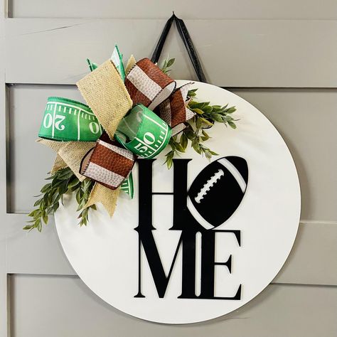 18 inch wood door round Fall Door Hangers Football, Masculine Door Hangers, Football Round Door Hanger, Football Wooden Door Hangers, August Door Hangers, Popular Crafts To Make And Sell, Spring Door Hangers, Round Door Hangers, Door Hanger Ideas