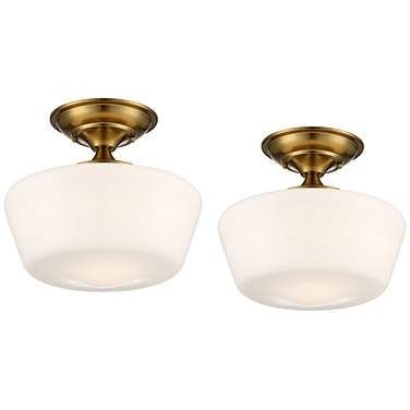 Schoolhouse 12" Wide Soft Gold and White Ceiling Lights Set of 2 White Ceiling Lights, Lighting 2023, Space Hallway, Craftsman Interior Design, Schoolhouse Style, Entry Area, Farmhouse Ceiling, Hallway Light Fixtures, Laundry Room Lighting