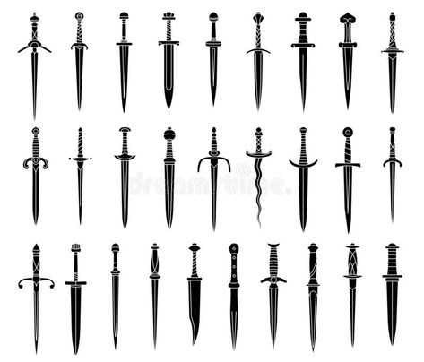 Set of Simple Monochrome Images of Medieval Dagger and Dirk. Stock Vector - Illustration of cold, white: 159341851 Simple Dagger Tattoo, Medieval Dagger, Dagger Drawing, Fantasy Dagger, Knife Patterns, Types Of Swords, Dagger Tattoo, Cool Swords, Simple Illustration