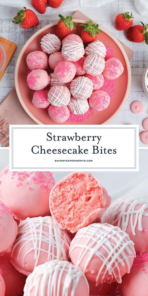 These easy, creamy no-bake Strawberry Cheesecake Bites have an irresistible sweetened cream cheese filling and a slightly crunchy coating! Desserts To Make Your Boyfriend, Strawberry Cheesecake Truffles, Munchie Snack Ideas, Cream Cheese Bites No Bake, Fun Summer Desserts Easy, Strawberry Easy Dessert, Recipes Using Philadelphia No Bake Cheesecake Filling, Philadelphia No Bake Cheesecake Filling Recipes, Creative Baking Recipes