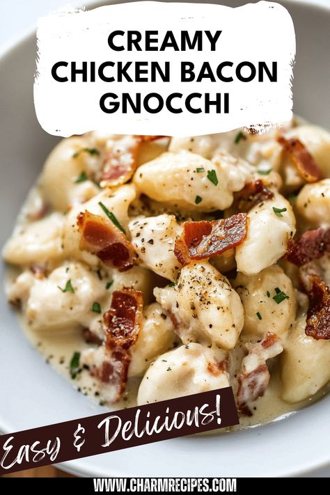 Savor the flavors of creamy chicken bacon gnocchi that is sure to please. This comforting dish features soft, fluffy gnocchi paired with tender pieces of chicken and crispy bacon, all enveloped in a rich, garlic sauce. Perfect for a cozy family dinner or a special gathering, this recipe brings together the delightful textures of gnocchi and the hearty taste of bacon and chicken. Whether you're a novice cook or a kitchen pro, this indulgent chicken bacon gnocchi is an excellent choice for any occasion. Gnocchi And Sauce, Gnocchi Recipes With Bacon, Gnocchi And Chicken Recipes, Chicken Gnocchi Recipes, Chicken Bacon Gnocchi, Bacon Gnocchi Recipes, Bacon Gnocchi, Chicken And Gnocchi, Bacon Recipes For Dinner